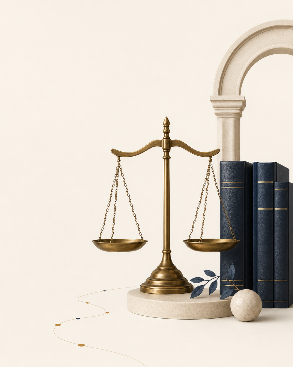 Balança da justiça em bronze ao lado de livros jurídicos e arco clássico